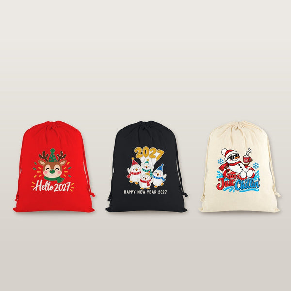 Pochon de Noël en tissu – sac cadeau à cordon 30 × 40 cm rouge, noir ou naturel, 9 motifs Noël & Nouvel An 2027 – coton - Pamusan.fr