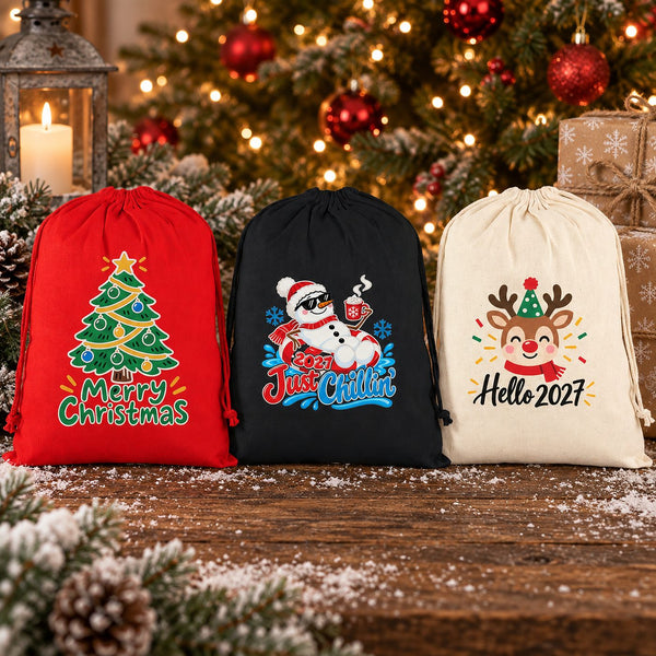 Pochon de Noël en tissu – sac cadeau à cordon 30 × 40 cm rouge, noir ou naturel, 9 motifs Noël & Nouvel An 2027 – coton - Pamusan.fr