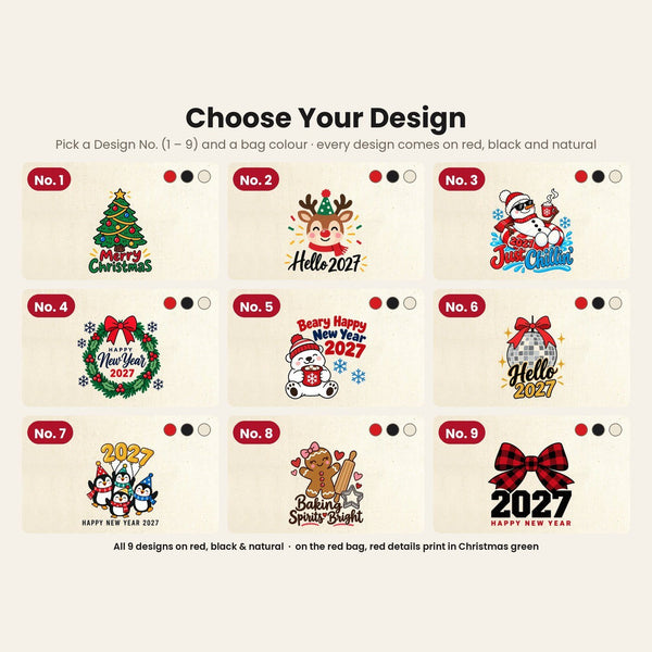 Pochon de Noël en tissu – sac cadeau à cordon 30 × 40 cm rouge, noir ou naturel, 9 motifs Noël & Nouvel An 2027 – coton - Pamusan.fr