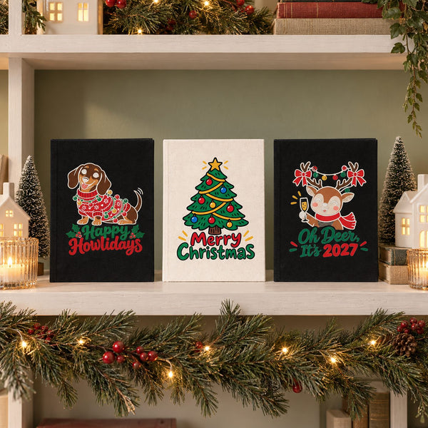 Carnet de Noël – carnet A5 en toile 14 × 20 cm, 9 motifs Noël & Nouvel An 2027, couverture naturelle ou noire, 160 pages blanches - Pamusan.fr