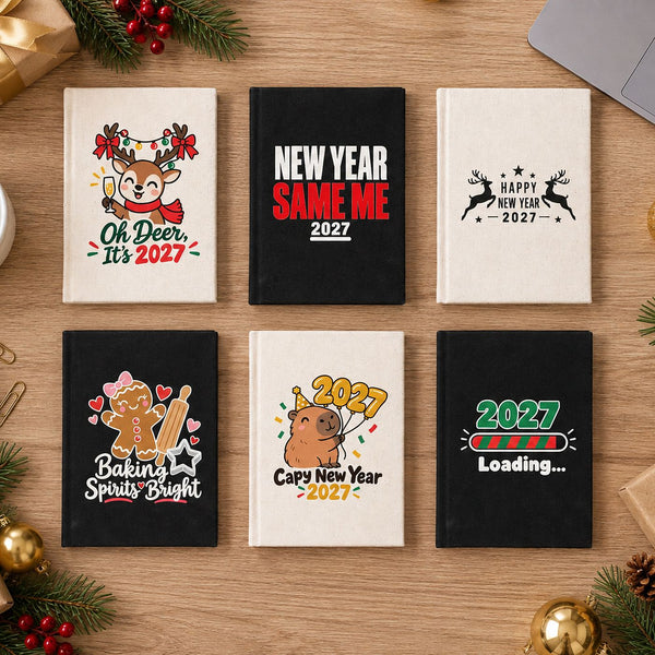 Carnet de Noël – carnet A5 en toile 14 × 20 cm, 9 motifs Noël & Nouvel An 2027, couverture naturelle ou noire, 160 pages blanches - Pamusan.fr