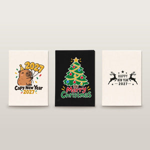 Carnet de Noël – carnet A5 en toile 14 × 20 cm, 9 motifs Noël & Nouvel An 2027, couverture naturelle ou noire, 160 pages blanches - Pamusan.fr