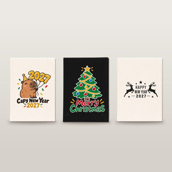 Carnet de Noël – carnet A5 en toile 14 × 20 cm, 9 motifs Noël & Nouvel An 2027, couverture naturelle ou noire, 160 pages blanches - Pamusan.fr