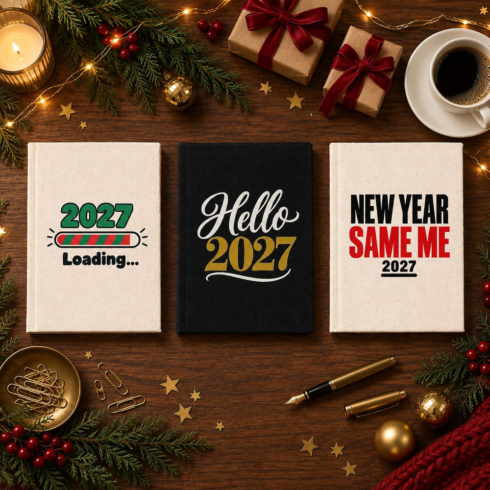 Carnet de Noël – carnet A5 en toile 14 × 20 cm, 18 motifs Noël & Nouvel An 2027, couverture naturelle ou noire, 160 pages blanches - Pamusan.fr
