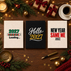 Carnet de Noël – carnet A5 en toile 14 × 20 cm, 9 motifs Noël & Nouvel An 2027, couverture naturelle ou noire, 160 pages blanches - Pamusan.fr
