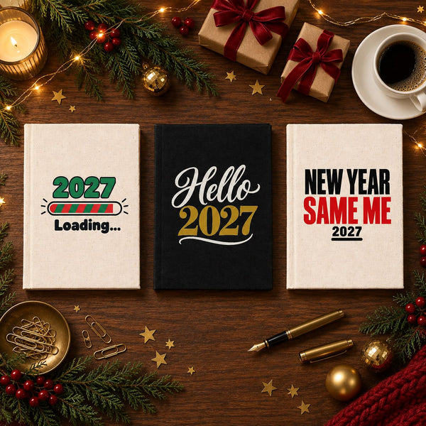 Carnet de Noël – carnet A5 en toile 14 × 20 cm, 9 motifs Noël & Nouvel An 2027, couverture naturelle ou noire, 160 pages blanches - Pamusan.fr