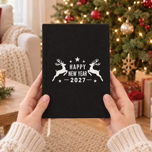 Carnet de Noël – carnet A5 en toile 14 × 20 cm, 9 motifs Noël & Nouvel An 2027, couverture naturelle ou noire, 160 pages blanches - Pamusan.fr