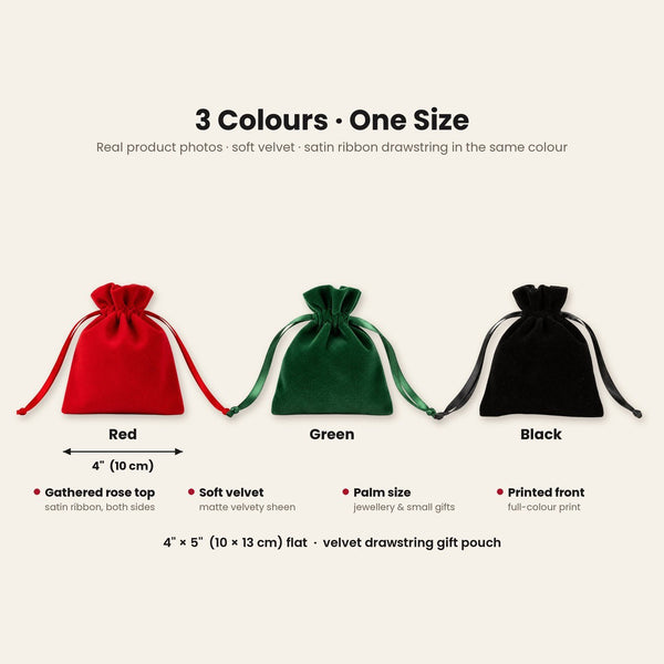 Cadeau invité Noël – pochette en velours 10 × 13 cm à cordon satiné froncé, rouge, vert ou noir, 9 motifs Noël & Nouvel An 2027 - Pamusan.fr