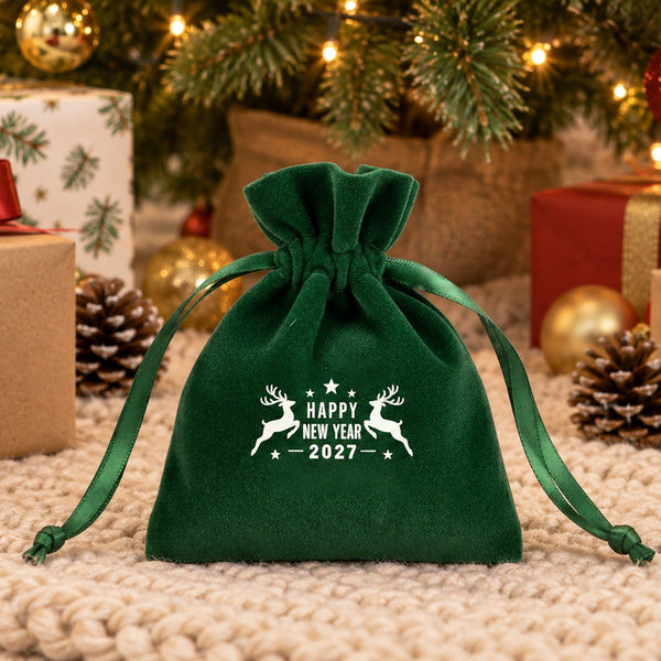 Cadeau invité Noël – pochette en velours 10 × 13 cm à cordon satiné froncé, rouge, vert ou noir, 9 motifs Noël & Nouvel An 2027 - Pamusan.fr