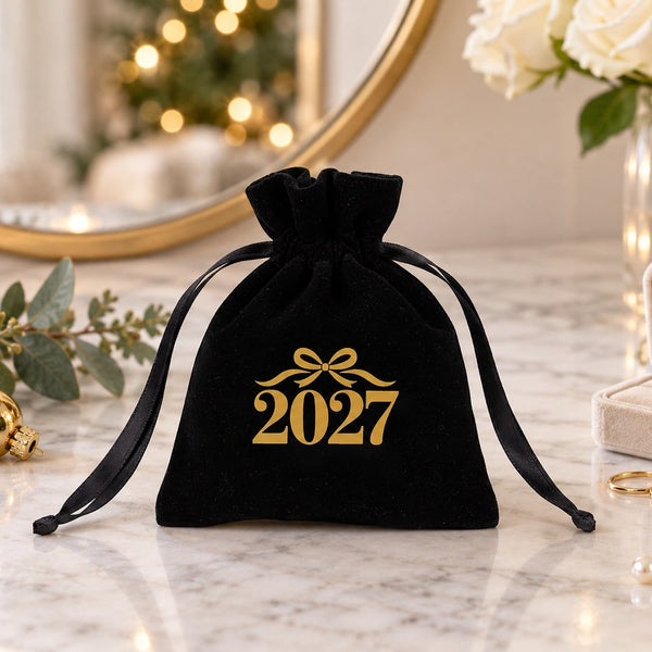 Cadeau invité Noël – pochette en velours 10 × 13 cm à cordon satiné froncé, rouge, vert ou noir, 9 motifs Noël & Nouvel An 2027 - Pamusan.fr