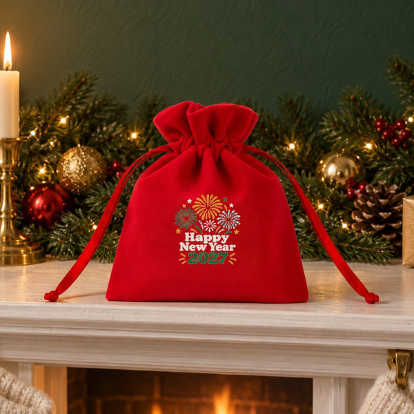 Cadeau invité Noël – pochette en velours 10 × 13 cm à cordon satiné froncé, rouge, vert ou noir, 9 motifs Noël & Nouvel An 2027 - Pamusan.fr