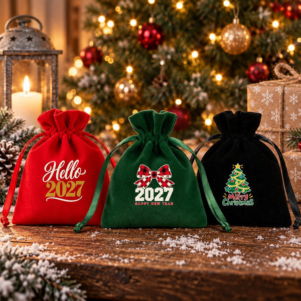 Cadeau invité Noël – pochette en velours 10 × 13 cm à cordon satiné froncé, rouge, vert ou noir, 9 motifs Noël & Nouvel An 2027 - Pamusan.fr