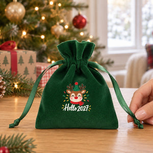 Cadeau invité Noël – pochette en velours 10 × 13 cm à cordon satiné froncé, rouge, vert ou noir, 9 motifs Noël & Nouvel An 2027 - Pamusan.fr