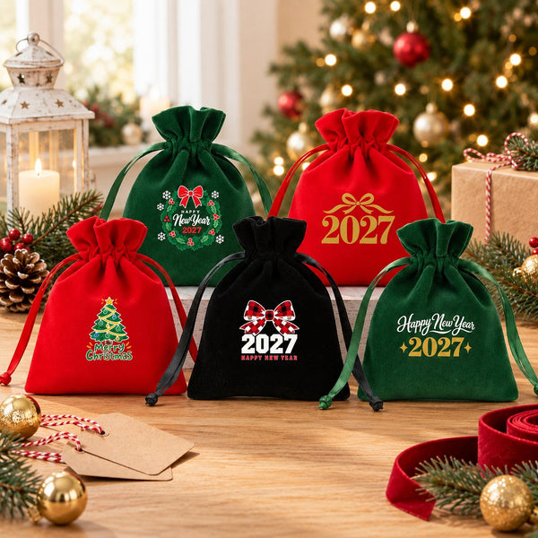Cadeau invité Noël – pochette en velours 10 × 13 cm à cordon satiné froncé, rouge, vert ou noir, 9 motifs Noël & Nouvel An 2027 - Pamusan.fr