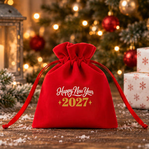 Cadeau invité Noël – pochette en velours 10 × 13 cm à cordon satiné froncé, rouge, vert ou noir, 9 motifs Noël & Nouvel An 2027 - Pamusan.fr
