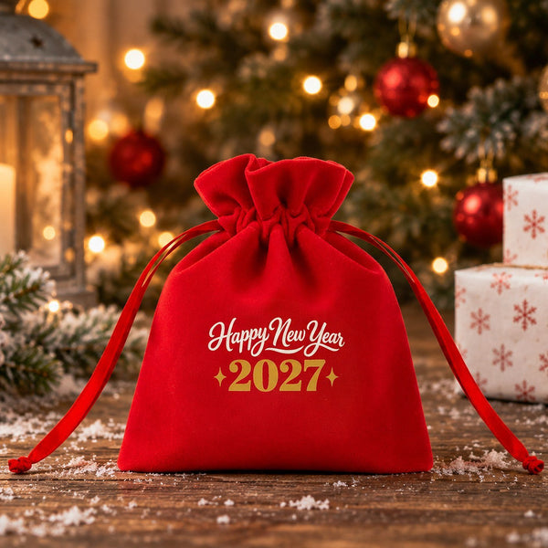 Cadeau invité Noël – pochette en velours 10 × 13 cm à cordon satiné froncé, rouge, vert ou noir, 9 motifs Noël & Nouvel An 2027 - Pamusan.fr