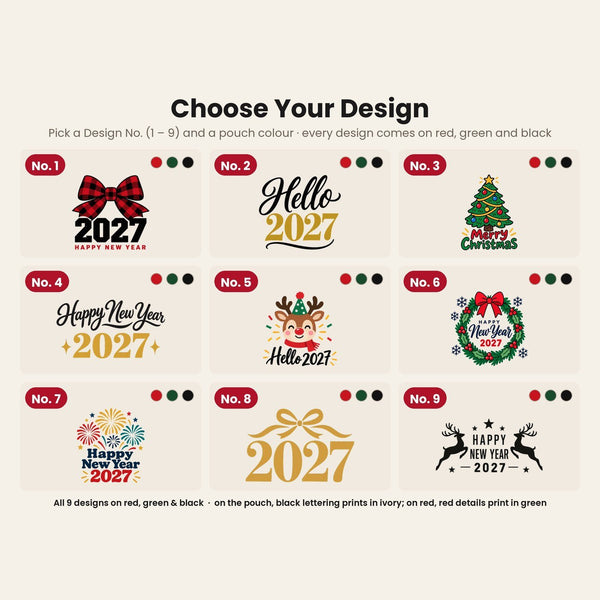 Cadeau invité Noël – pochette en velours 10 × 13 cm à cordon satiné froncé, rouge, vert ou noir, 9 motifs Noël & Nouvel An 2027 - Pamusan.fr
