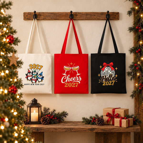 Tote bag de Noël en coton – sacs en tissu 35 × 40 cm naturel, rouge ou noir, 9 motifs Noël & Nouvel An 2027 – coton gabardine - Pamusan.fr
