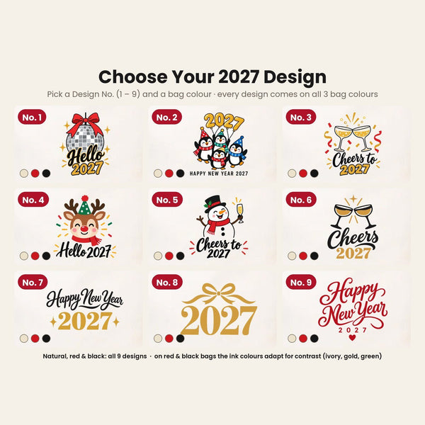 Tote bag de Noël en coton – sacs en tissu 35 × 40 cm naturel, rouge ou noir, 9 motifs Noël & Nouvel An 2027 – coton gabardine - Pamusan.fr