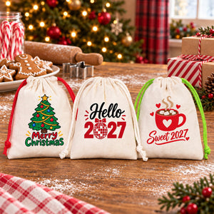 Sachet cadeau de Noël en coton – petit sac à cordon 10 × 13 cm, cordon rouge, vert ou naturel, 9 motifs Noël & Nouvel An 2027 - Pamusan.fr
