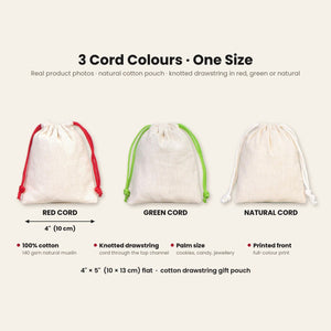 Sachet cadeau de Noël en coton – petit sac à cordon 10 × 13 cm, cordon rouge, vert ou naturel, 9 motifs Noël & Nouvel An 2027 - Pamusan.fr