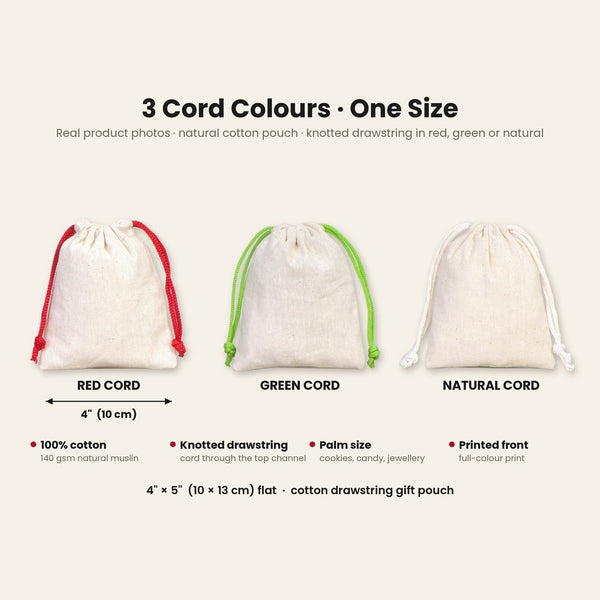 Sachet cadeau de Noël en coton – petit sac à cordon 10 × 13 cm, cordon rouge, vert ou naturel, 9 motifs Noël & Nouvel An 2027 - Pamusan.fr