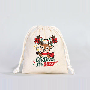 Sachet cadeau de Noël en coton – petit sac à cordon 10 × 13 cm, cordon rouge, vert ou naturel, 9 motifs Noël & Nouvel An 2027 - Pamusan.fr