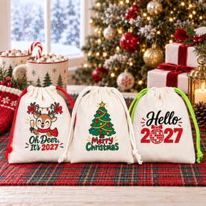 Sachet cadeau de Noël en coton – petit sac à cordon 10 × 13 cm, cordon rouge, vert ou naturel, 9 motifs Noël & Nouvel An 2027 - Pamusan.fr