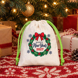 Sachet cadeau de Noël en coton – petit sac à cordon 10 × 13 cm, cordon rouge, vert ou naturel, 9 motifs Noël & Nouvel An 2027 - Pamusan.fr