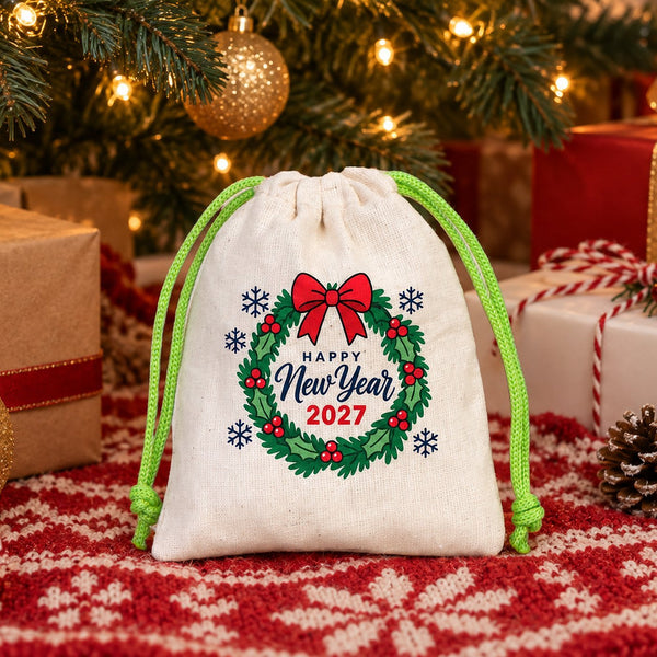 Sachet cadeau de Noël en coton – petit sac à cordon 10 × 13 cm, cordon rouge, vert ou naturel, 9 motifs Noël & Nouvel An 2027 - Pamusan.fr