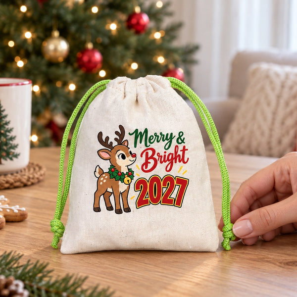 Sachet cadeau de Noël en coton – petit sac à cordon 10 × 13 cm, cordon rouge, vert ou naturel, 9 motifs Noël & Nouvel An 2027 - Pamusan.fr