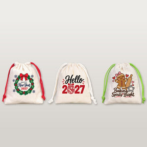 Sachet cadeau de Noël en coton – petit sac à cordon 10 × 13 cm, cordon rouge, vert ou naturel, 9 motifs Noël & Nouvel An 2027 - Pamusan.fr