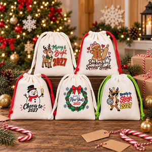 Sachet cadeau de Noël en coton – petit sac à cordon 10 × 13 cm, cordon rouge, vert ou naturel, 9 motifs Noël & Nouvel An 2027 - Pamusan.fr