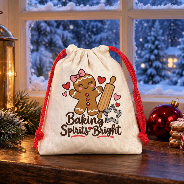 Sachet cadeau de Noël en coton – petit sac à cordon 10 × 13 cm, cordon rouge, vert ou naturel, 9 motifs Noël & Nouvel An 2027 - Pamusan.fr
