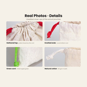 Sachet cadeau de Noël en coton – petit sac à cordon 10 × 13 cm, cordon rouge, vert ou naturel, 9 motifs Noël & Nouvel An 2027 - Pamusan.fr