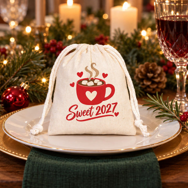 Sachet cadeau de Noël en coton – petit sac à cordon 10 × 13 cm, cordon rouge, vert ou naturel, 9 motifs Noël & Nouvel An 2027 - Pamusan.fr
