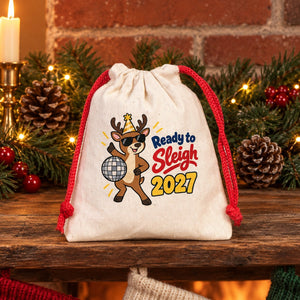 Sachet cadeau de Noël en coton – petit sac à cordon 10 × 13 cm, cordon rouge, vert ou naturel, 9 motifs Noël & Nouvel An 2027 - Pamusan.fr