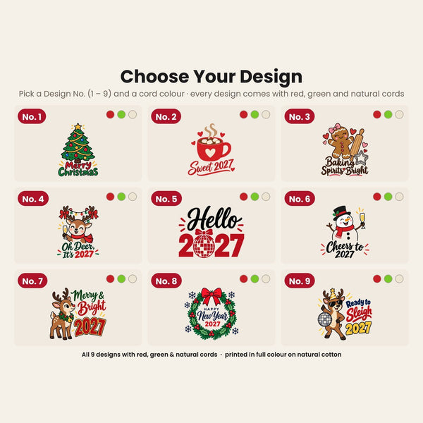 Sachet cadeau de Noël en coton – petit sac à cordon 10 × 13 cm, cordon rouge, vert ou naturel, 9 motifs Noël & Nouvel An 2027 - Pamusan.fr