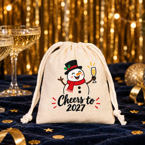 Sachet cadeau de Noël en coton – petit sac à cordon 10 × 13 cm, cordon rouge, vert ou naturel, 9 motifs Noël & Nouvel An 2027 - Pamusan.fr