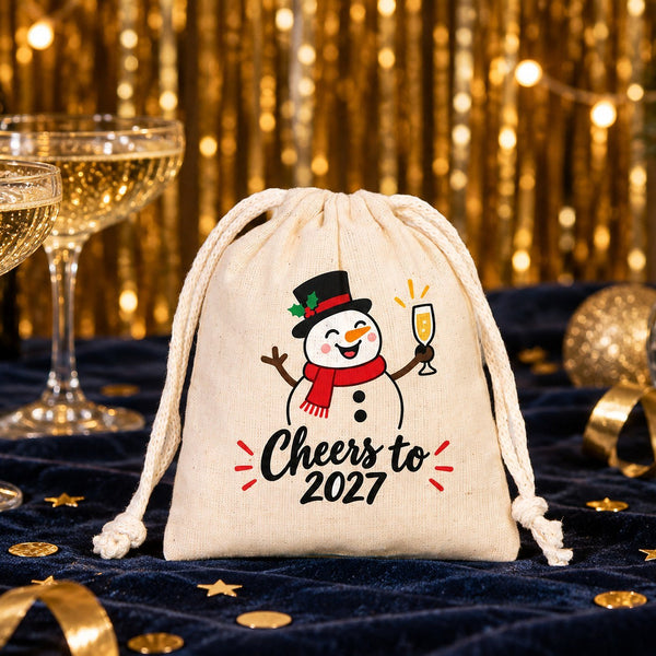 Sachet cadeau de Noël en coton – petit sac à cordon 10 × 13 cm, cordon rouge, vert ou naturel, 9 motifs Noël & Nouvel An 2027 - Pamusan.fr