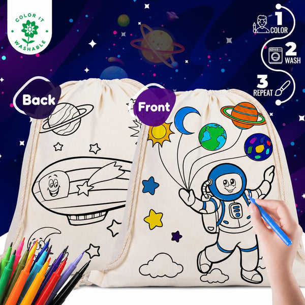 Colorable Astronaut & Zeppelin Rope Drawstring Backpack 14"×16" (35×40 cm) - Pamusan.com