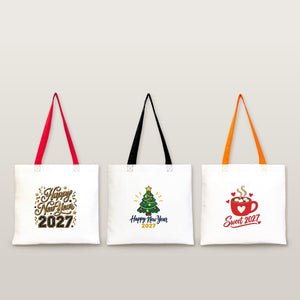 Sac en coton de Noël à anses colorées – tote bag 40 × 35 cm, anses noires, rouges ou orange, 9 motifs Noël & Nouvel An 2027 - Pamusan.fr