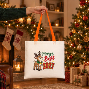 Sac en coton de Noël à anses colorées – tote bag 40 × 35 cm, anses noires, rouges ou orange, 9 motifs Noël & Nouvel An 2027 - Pamusan.fr