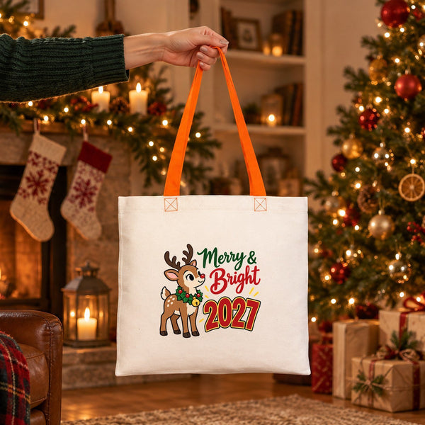 Sac en coton de Noël à anses colorées – tote bag 40 × 35 cm, anses noires, rouges ou orange, 9 motifs Noël & Nouvel An 2027 - Pamusan.fr