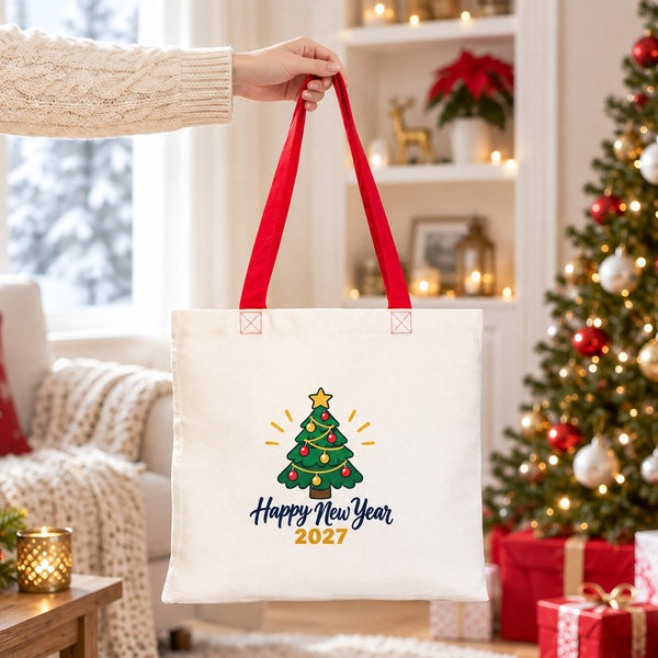 Sac en coton de Noël à anses colorées – tote bag 40 × 35 cm, anses noires, rouges ou orange, 9 motifs Noël & Nouvel An 2027 - Pamusan.fr