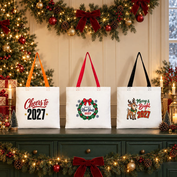 Sac en coton de Noël à anses colorées – tote bag 40 × 35 cm, anses noires, rouges ou orange, 9 motifs Noël & Nouvel An 2027 - Pamusan.fr