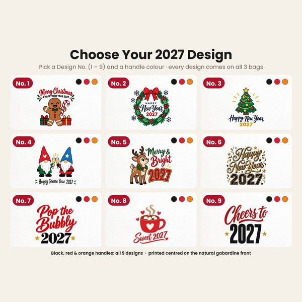 Sac en coton de Noël à anses colorées – tote bag 40 × 35 cm, anses noires, rouges ou orange, 9 motifs Noël & Nouvel An 2027 - Pamusan.fr