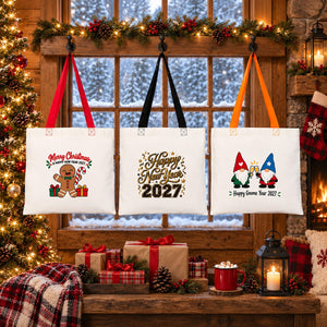 Sac en coton de Noël à anses colorées – tote bag 40 × 35 cm, anses noires, rouges ou orange, 9 motifs Noël & Nouvel An 2027 - Pamusan.fr