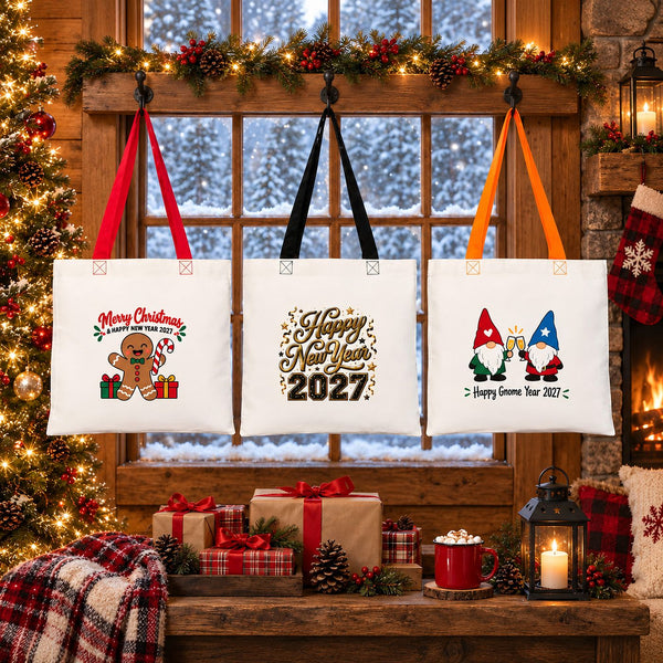 Sac en coton de Noël à anses colorées – tote bag 40 × 35 cm, anses noires, rouges ou orange, 9 motifs Noël & Nouvel An 2027 - Pamusan.fr