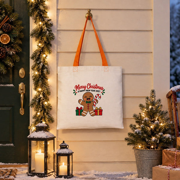 Sac en coton de Noël à anses colorées – tote bag 40 × 35 cm, anses noires, rouges ou orange, 9 motifs Noël & Nouvel An 2027 - Pamusan.fr